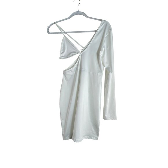 One-Shoulder White Bodycon Dress Large Sexy Club Stripper Stretch Y2K Party Rave - Picture 3 of 6